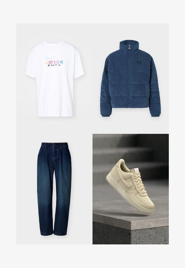 Küljel tehtud paksus pullover-jaki tumblue corduroy'ist, millel on kõrge krae, tõmblukuga kinnitamine ja väike logoäpik rindadel. Karedapind.; Valge puuvillane T-särk lühikeste varrukatega, mille ees on mitmevärviline tekst "LIHTSALT TEHA." ja Nike'i logo.; Tumesinised kõrge vöökohaga sirge säärega teksad, millel on nööbi- ja luku kinnitused, vööaasad ning peened õmblused, valgel taustal.; Beežid Nike Air Force 1 tossud hõljumas halli betoonserva kohal, taustal udune trepp.