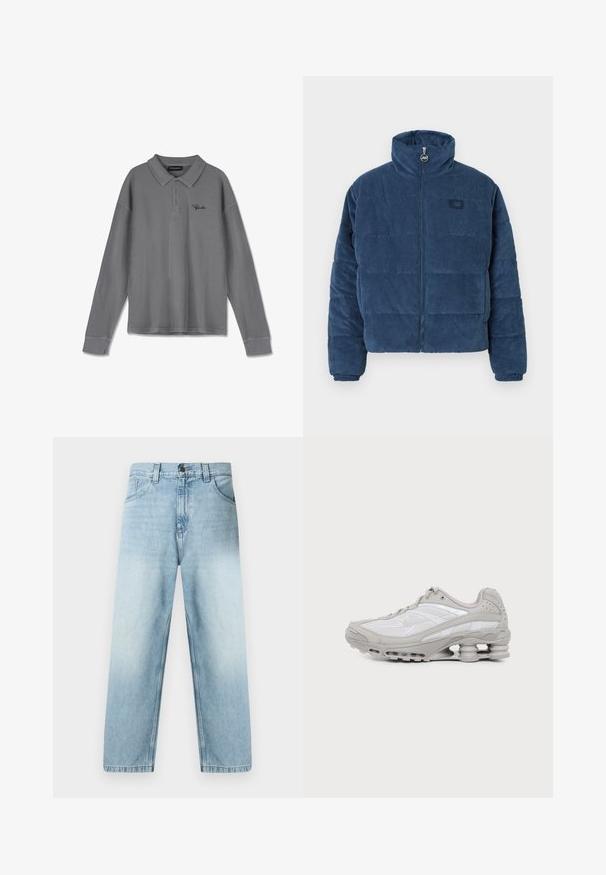 Gewatteerde pulloverjack in donkerblauwe corduroy met een hoge kraag, ritsluiting en een klein logopatch op de borst. Gestikte oppervlakte.; Lange mouwen polo in gestreept grijs stof. Heeft een kraag, een knoopsluiting met drie knopen en subtiele zwarte branding op de borst.; Lichtblauwe jeans met rechte pijpen, voorzien van een vervaagde finish, een ontwerp met vijf zakken en zichtbare stiksels langs de naden. Gemaakt van katoen denim.; Grijze en witte sportschoen met zichtbare luchtkussenzool en meshpanelen, in profiel weergegeven op een eenvoudige lichte achtergrond.