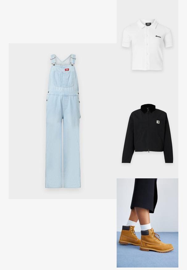 Veste zippée noire avec un col en velours côtelé, deux poches latérales, une poche poitrine zippée, et un écusson blanc Carhartt sur la poitrine.; Salopette en denim bleu clair avec bretelles réglables, poche avant avec écusson logo rouge et jambes larges et droites.; Chemise blanche à manches courtes boutonnée avec col, tissu texturé et logo noir "Dickies" brodé sur le côté gauche de la poitrine.; Bottines en suede beige avec des accents en cuir marron, des œillets dorés et une semelle texturée. Chaussettes blanches visibles au-dessus des bottines.
