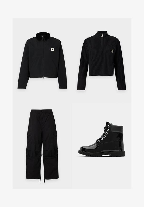 Veste zippée noire avec un col en velours côtelé, deux poches latérales, une poche poitrine zippée, et un écusson blanc Carhartt sur la poitrine.; Pull en tricot côtelé noir à manches longues, col zippé au quart et petit patch logo sur la poche poitrine gauche.; Pantalon cargo noir avec taille élastique, fermeture à boutons, poches latérales à rabat, et jambes larges et droites avec ourlets ajustables.; Bottes noires brillantes à la cheville avec une finition en cuir verni lisse, bout rond, laçage à six œillets et semelle en caoutchouc robuste.