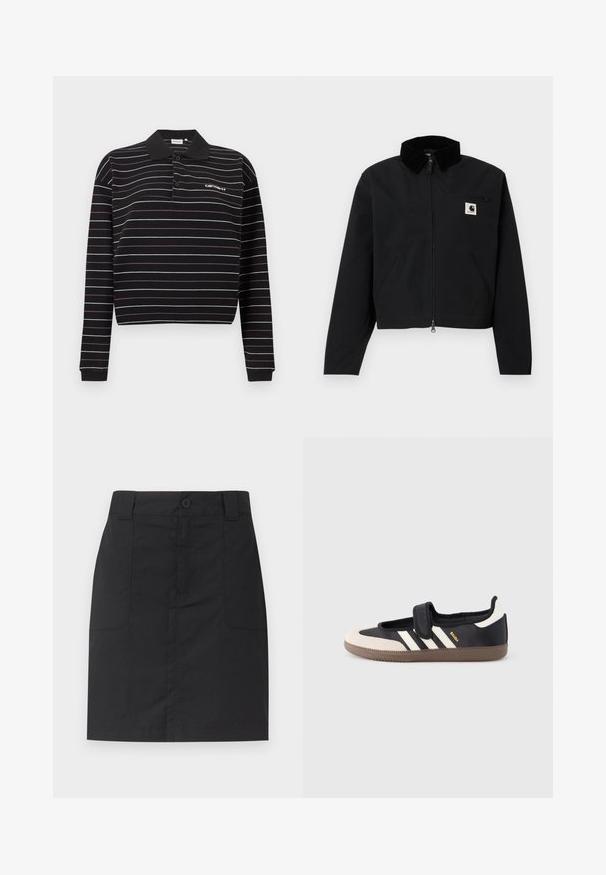 Veste zippée noire avec un col en velours côtelé, deux poches latérales, une poche poitrine zippée, et un écusson blanc Carhartt sur la poitrine.; Polo à manches longues noir avec de fines rayures horizontales blanches et violettes, deux boutons, et un petit logo blanc sur le côté gauche de la poitrine.; Jupe noire mi-longue avec passants de ceinture, fermeture à boutons et zip à l'avant, et deux poches plaquées sur le devant, sur un fond uni.; Baskets noires et beiges avec une bride en velcro, trois bandes blanches sur le côté, et une semelle en caoutchouc marron texturée. Logo de la marque visible.