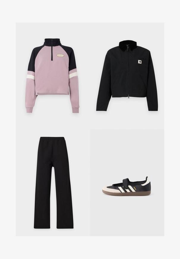 Zwarte ritsjack met een corduroy kraag, twee zijzakken, een ritssluiting op de borst en een wit Carhartt-logo patch op de borst.; Paarse cropped pullover met een zwarte kraag en accenten op de mouwen. Voorzien van een halve rits en het Roxy-logo in goud op de borst. Zachte textuur.; Zwarte wijde broek met elastische tailleband, plat neergelegd tegen een effen lichte achtergrond.; Zwart-beige sneaker met een klittenbandsluiting, drie witte strepen aan de zijkant en een getextureerde bruine rubberen zool. Merkembleem zichtbaar.