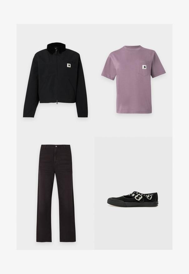 Chaqueta negra con cremallera y cuello de pana, dos bolsillos laterales, un bolsillo en el pecho con cremallera y un parche blanco con el logo de Carhartt en el pecho.; Camiseta de algodón lila con cuello redondo, mangas cortas y un bolsillo en el pecho izquierdo que presenta una etiqueta con logo. Textura suave, corte casual.; Vaqueros negros de corte recto con trabillas para cinturón, cierre de botón y costuras visibles, presentados sobre un fondo blanco.; Vans MARY JANE - Bailarinas - black