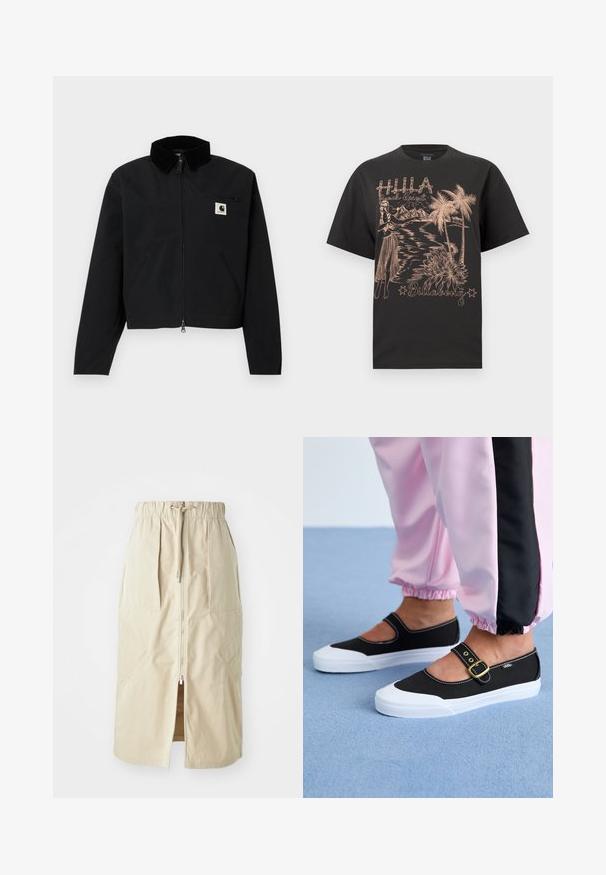 Chaqueta negra con cremallera y cuello de pana, dos bolsillos laterales, un bolsillo en el pecho con cremallera y un parche blanco con el logo de Carhartt en el pecho.; Camiseta negra con un diseño tropical que presenta una bailarina de hula, palmeras, montañas y el texto "Hula Beach Resort" y "Billabong".; Falda de longitud media en beige, hecha de una tela ligera. Presenta un cierre delantero, cinturilla elástica y bolsillos laterales con diseños angulares.; Zapatillas de lona negras con suela blanca, con un diseño recortado y una correa con hebilla dorada. Combinadas con pantalones de chándal rosas.