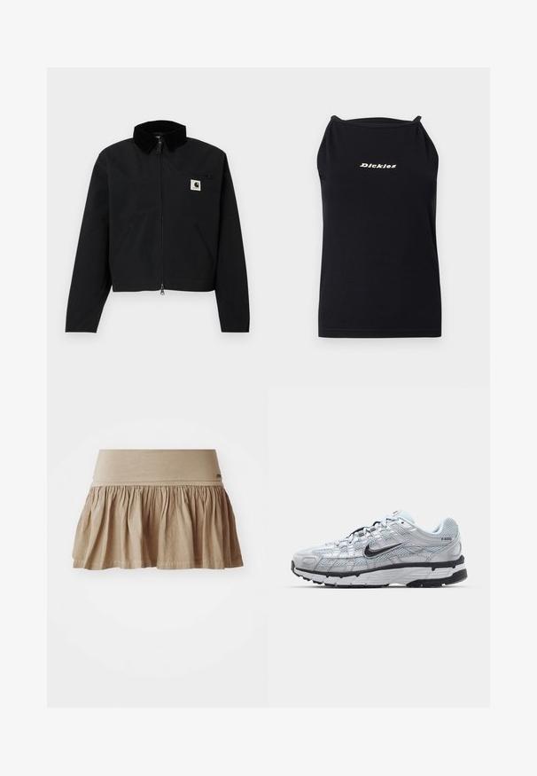 Sort zip-jakke med en kordfløjskrave, to sidelommer, en lynlåslomme på brystet og et hvidt Carhartt-logo-patch på brystet.; Sort ærmeløs haltertop med smalle stropper og "Dickies" trykt i beige centralt på brystet mod en ensfarvet lys baggrund.; Beige bomuldsnederdel med en rynket kant, der har et bredt elastisk taljebånd. Let materiale med en blød tekstur og afslappet design.; Nike P-6000 sneakers med en lys grå mesh overdel, sorte accenter og en holdbar sort gummisål. Har et detaljeret design og snøresystem.