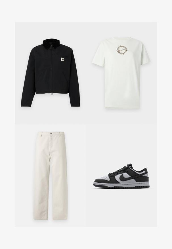 Veste zippée noire avec un col en velours côtelé, deux poches latérales, une poche poitrine zippée, et un écusson blanc Carhartt sur la poitrine.; T-shirt en coton vert clair avec un motif central de fil barbelé entourant un logo. Encolure ronde et manches courtes. Texture douce.; Pantalon beige à jambes larges avec fines rayures verticales discrètes, passants de ceinture, fermeture par bouton et poches avant.; Baskets basses Nike Dunk noires et grises avec un bout perforé, des accents en cuir lisse et une semelle en caoutchouc avec un motif de traction texturé.