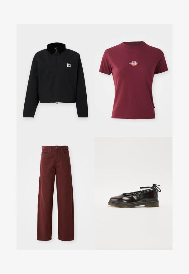 Sort zip-jakke med en kordfløjskrave, to sidelommer, en lynlåslomme på brystet og et hvidt Carhartt-logo-patch på brystet.; Bordeaux kortærmet t-shirt lavet af bomuld med rund halsudskæring og et lille multicoloreret "Dickies" logo på brystet.; Mørkerøde vidde bukser lavet af bomuld med en glat tekstur, der har en frontknaplukning, bæltestropper og flere lommer.; Blanketing mørkerød sko med rund tå, snørebåndsdesign, gummisål og sorte snørebånd, med sølvhardware og synede kanter.
