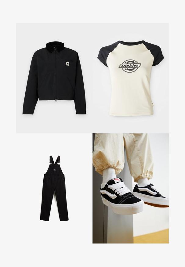 Sort zip-jakke med en kordfløjskrave, to sidelommer, en lynlåslomme på brystet og et hvidt Carhartt-logo-patch på brystet.; Creme t-shirt med sorte raglan ærmer, der har et cirkulært logo med teksten "Dickies" i midten, sat mod en hvid baggrund.; Sorte denim overalls med justerbare stropper, metalhardware, forlommer og sidelommer. Glat tekstur og lige ben-design.; Person iført sorte og hvide Vans sneakers med hvide snørebånd, hvide sokker og beige bukser med elastiske manchetter.