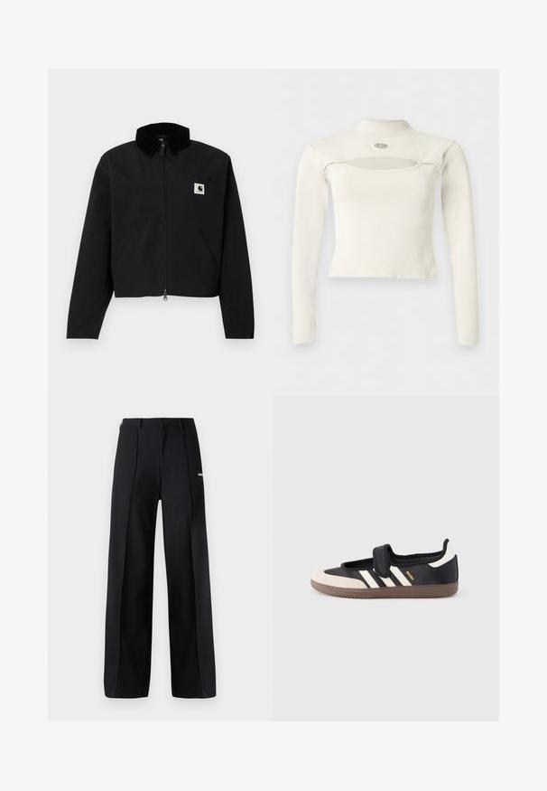 Čierna bunda na zips s kordovým golierom, dvoma bočnými vreckami, zipsovým vreckom na hrudi a bielym logom Carhartt na hrudi.; Biely crop top s dlhým rukávom, stojatým golierom a horizontálnym výrezom pod golierom s malým kruhovým logom nad ním.; Čierne nohavice s širokým strihom vyrobené z hladkej tkaniny, s plisovaním a malým logom. Navrhnuté s stredne vysokým pásom.; Čierna a béžová teniska s pásikom na suchý zips, tromi bielymi pruhmi na boku a štruktúrovanou hnedou gumovou podrážkou. Viditeľné logo značky.