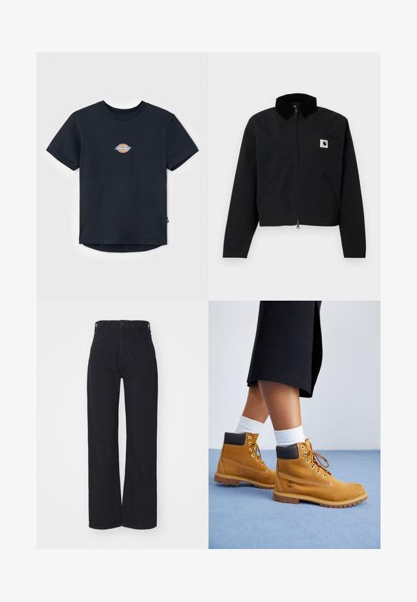 Schwarze Zip-Jacke mit einem Cordkragen, zwei seitlichen Taschen, einer mit Reißverschluss versehenen Brusttasche und einem weißen Carhartt-Logopatch auf der Brust.; Schwarzes Baumwoll-T-Shirt mit kurzen Ärmeln, Rundhalsausschnitt und einem kleinen, mehrfarbigen Logo auf der Brust. Gerader Saum mit einem leicht längeren Rücken.; Schwarze hochgeschnittene weite Jeans mit Knopf- und Reißverschluss vorne, Gürtelschlaufen und zwei Vordertaschen auf weißem Hintergrund.; Sandfarbene Wildlederschuhe mit braunen Lederakzenten, goldenen Ösen und einer strukturierten Sohle. Weiße Socken, die über den Stiefeln sichtbar sind.