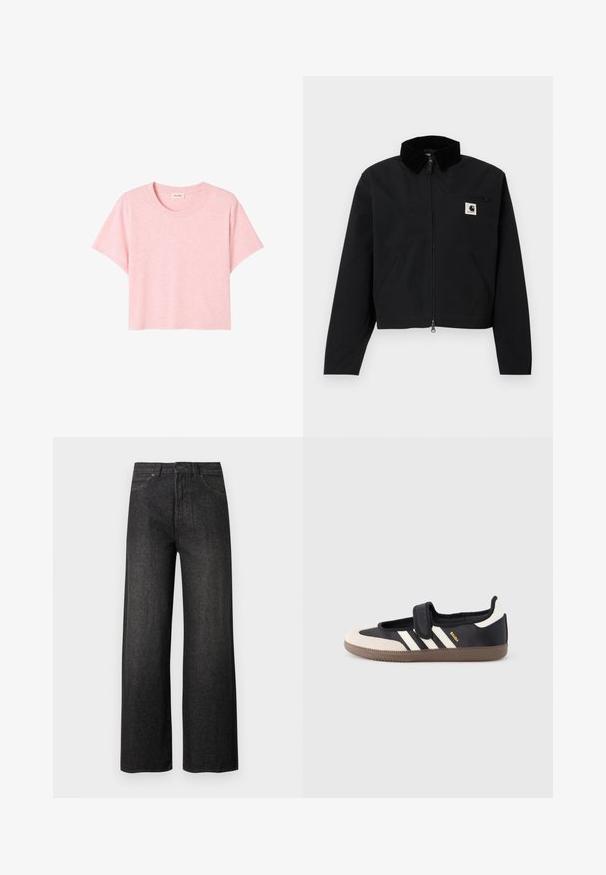 Chaqueta negra con cremallera y cuello de pana, dos bolsillos laterales, un bolsillo en el pecho con cremallera y un parche blanco con el logo de Carhartt en el pecho.; Camiseta rosa de manga corta hecha de una tela suave, con un escote redondo y un corte holgado con una ligera textura jaspeada.; Vaqueros negros de pierna ancha y cintura alta, con bolsillos frontales, cierre de botones y trabillas para cinturón sobre un fondo claro y sencillo.; Zapatilla negra y beige con una correa de velcro, tres rayas blancas en el lateral y una suela de goma marrón texturizada. Logotipo de la marca visible.