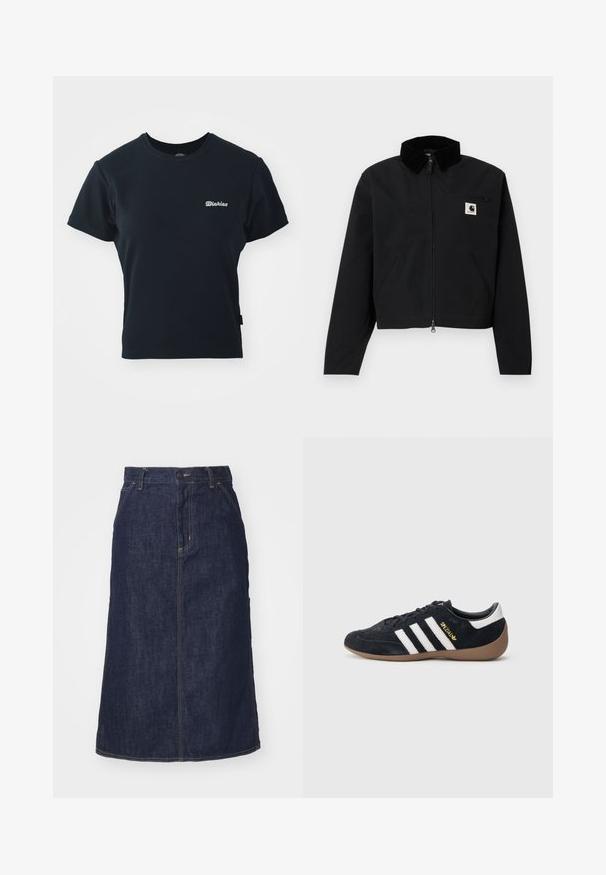 Schwarze Zip-Jacke mit einem Cordkragen, zwei seitlichen Taschen, einer mit Reißverschluss versehenen Brusttasche und einem weißen Carhartt-Logopatch auf der Brust.; Schwarzes Baumwoll-T-Shirt mit kurzen Ärmeln, Rundhalsausschnitt und kleinem weißen gesticktem Logo auf der Brust. Klassisches, tailliertes Design.; Dunkelblaue Jeansrock mit hoher Taille, geradem Schnitt, aufgesetzten Taschen und genähten Nähten. Mit einem Reißverschluss und einem Knopfverschluss an der Taille.; Schwarzer Veloursleder-Sneaker mit drei weißen Streifen, Gummisohle und einem kleinen goldenen Logo an der Seite. Verfügt über ein glattes schwarzes Innenfutter.