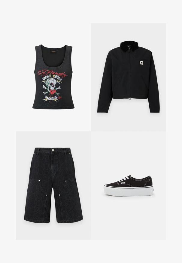 Sort zip-jakke med en kordfløjskrave, to sidelommer, en lynlåslomme på brystet og et hvidt Carhartt-logo-patch på brystet.; Sort ærmeløs tanktop med et dristigt dødningehoved og korsfakta-tryk med et hjerte, flerfarvede accenter og teksten "Love Dies Hard".; Sorte denim knælange shorts med subtilt leopardprint, frontknap, lynlåslukning og sølvnitter på store forlommer.; Sort lærred sneakers med en hvid gummi platform sål, der har hvide snørebånd og syninger, ikonisk branding på siden, lav-top design.