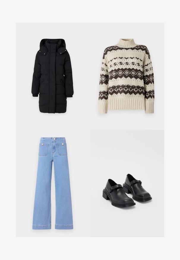 JDY Puffer JDYAJA Puffer - Talvemantel - black; Vero Moda Knitted VMAMPLE Knitted - Džemper - birch; Heledad sinised laiad teksad, kõrge vöökoht, kaks tagataskut ja kuldse tooni nupud. Valmistatud denimist, millel on sile tekstuur ja puhas viimistlus.; Mustad mustad jalanõud ümmarguse varbaga, tasase tallaga ja kinnitusega rihmaga, millel on pandla detail. Suure plokknina, mis tagab lisastabiilsuse.