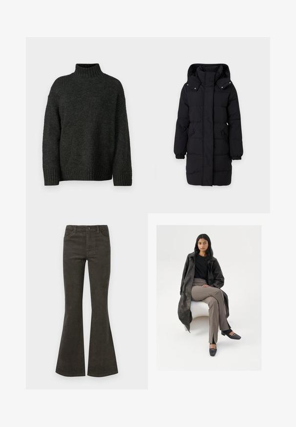 JDY Puffer JDYAJA Puffer - Zimný kabát - black; Vero Moda Tall VMMADDIE HIGHNECK PULL - Svetrík - dark grey melange; Ešte rozšírené kordové nohavice v tmavo olivovej zelenej farbe, s gombíkovým a zipsovým zapínaním, piatimi vreckami a jemnou rebrovou textúrou.; Čierny kožený trench coat, čierna košeľa, béžové nohavice s vysokým pásom, čierne topánky so štvorcovou špičkou a striebornou prackou, sedenie na bielej stoličke.
