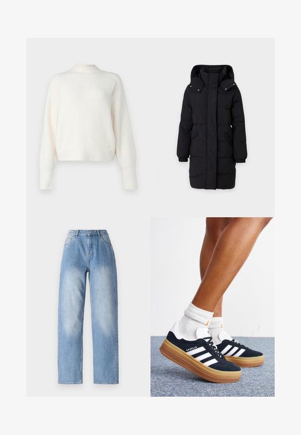 JDY Puffer JDYAJA Puffer - Zimný kabát - black; Svetlý krémový pletený sveter s dlhými rukávmi a vysokým golierom. Mäkká textúra s voľným strihom, s jemnými vertikálnymi pruhmi.; Svetlomodré denimové džínsy s vysokým pásom, rovný strih a jemné vyblednutie na prednej hornej časti pre zvýraznenie textúry.; Nohy v bielych ponožkách a čiernych teniskách Adidas Gazelle s bielymi pruhmi a hrubými hnedými podrážkami na sivom koberci.