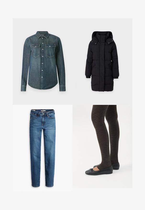 JDY Puffer JDYAJA Puffer - Talvitakki - black; Tummansininen pitkähihaisen denim-paita, jossa napit edessä sekä kaksi rintataskua läppineen ja napein.; Farkkuhousut keskisinisessä sävyssä, suorat lahkeet, viisi taskua sekä vetoketjukiinnitys napilla.; Jalat, joissa tummat ribbineuleiset leggingsit yhdistettynä mustiin balettitossuihin, joissa on pienet rusettikoristeet valkoisella taustalla.