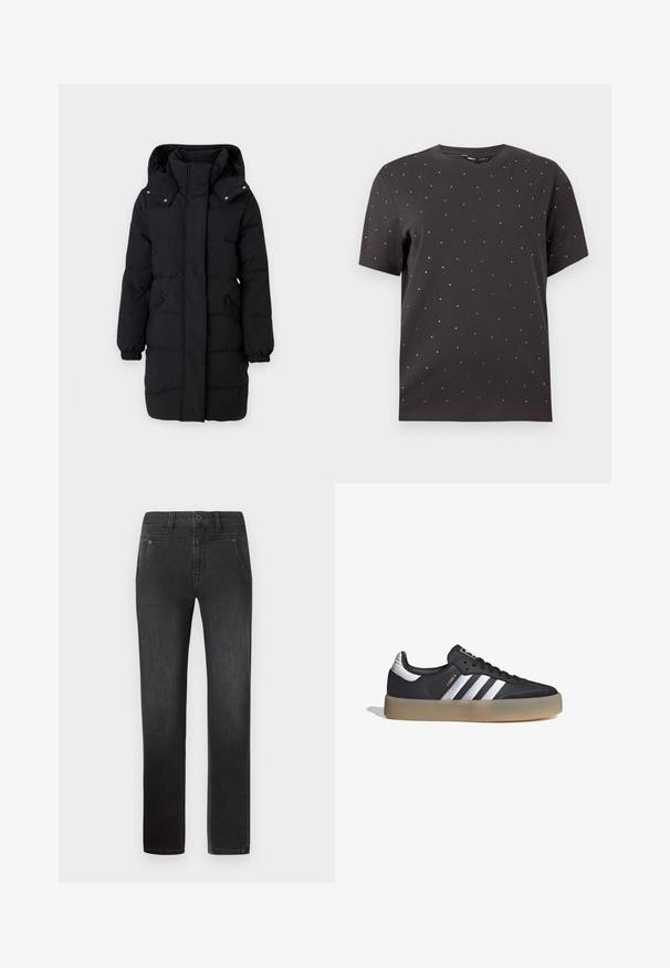 JDY Puffer JDYAJA Puffer - Abrigo de invierno - black; Camiseta de manga corta negra con cuello redondo y acentos de tachuelas metálicas dispersos en el frontal, fabricada en suave algodón.; Pepe Jeans GYMDIGO CAREY - Vaqueros pitillo - denim; Zapatilla deportiva de cuero negro con tres rayas plateadas, punta texturizada y suela de goma. Cuenta con un collar acolchado y un diseño con cordones.