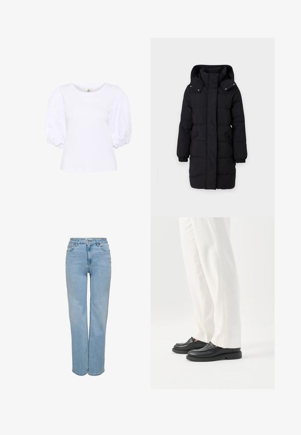 JDY Puffer JDYAJA Puffer - Wintermantel - black; Witte short-sleeve top met pofmouwen. Gladde textuur met een getailleerd lichaam en ronde halslijn. Ideaal voor casual of semi-formele gelegenheden.; Lichtblauwe spijkerbroek met hoge taille, rechte pijpen, vijf zakken en een knoopsluiting aan de voorkant. Zachte textuur met lichte vervaging.; Persoon draagt witte op maat gemaakte broek en zwarte leren loafers, staand op een witte achtergrond.