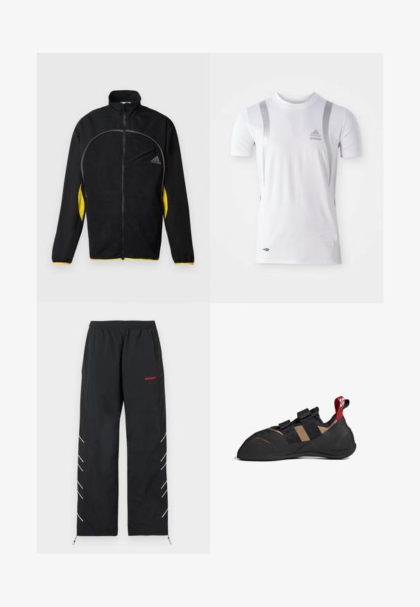 Sort atletisk jakke med gule sidelogoer. Har høj krave, fuld lynlås og en frontlomme. Lavet af struktureret stof.; Hvid kortærmet træningsskjorte med sølvdetaljer, med rund hals og et Adidas-logo på brystet. Lavet af fugttransporterende materiale.; Sorte Adidas træningsbukser med elastisk taljebånd, rødt logo på højre lår, hvide diagonale striber på benenes sider og justerbare ankelstropper.; Klatresko med en sort og brun syntetisk overdel, der har to velcro-stropper, en gummisål og en rød løftestrop ved hælen.