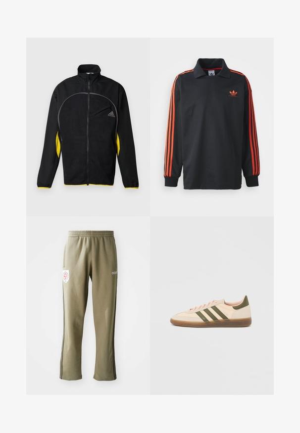 Zwarte sportjack met gele zijaccenten. Heeft een hoge kraag, volledige ritssluiting en een voorkrui. Gemaakt van textuurstof.; Zwarte polo met lange mouwen en een kraag, voorzien van rode strepen op de mouwen en een klein rood logo op de borst. Glad textuur van de stof.; Olijfgroene sweatpants met een elastische tailleband, zijzakken, zwarte zijstreepjes en een logo-patch op de dij.; Beige Adidas Spezial sneaker met een laag profiel, groene strepen, een gumkleurige zool en "SPEZIAL" branding aan de zijkant, gezien vanaf de buitenzijde.