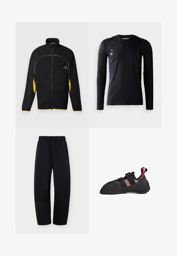 Chaqueta deportiva negra con acentos laterales amarillos. Cuenta con un cuello alto, cierre de cremallera completa y un bolsillo frontal. Hecha de tejido texturizado.; Camisa deportiva de manga larga negra hecha de un tejido suave y elástico. Presenta detalles en negro brillante en los hombros y un logo de Adidas en el pecho.; Pantalones de chándal negros de corte holgado con cintura elástica, cordón ajustable, bolsillos laterales con cremallera y logo sutil en el muslo izquierdo.; Zapato de escalada con un upper sintético negro y marrón, que cuenta con dos correas de Velcro, una suela de goma y un tirador rojo en el talón.