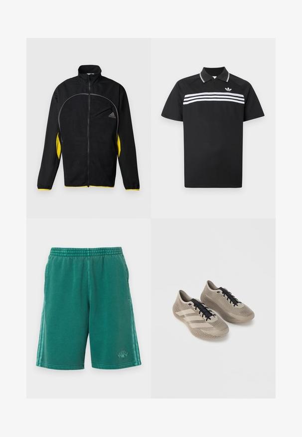 Melnā sporta jaka ar dzelteniem sānu akcentiem. Iezīmē augstu apkakli, pilnu rāvējslēdzēju un priekšējo kabatu. Izgatavota no teksturēta auduma.; Melna polo krekls ar rāvējslēdzēja apkakli, uz krūtīm trīs baltas horizontālas svītras un neliels logotips augšējā kreisajā pusē.; Zaļas kokvilnas šorti ar elastīgu jostasvietu, sānu kabatām un teksturētām detaļām. Kāju pusē ir smalks zīmola elements.; Bežā krāsā sporta apavu pāris ar melnām auklām, ar teksturētu svītrainu rakstu un trim sānu svītrām uz vienkrāsaina fona.