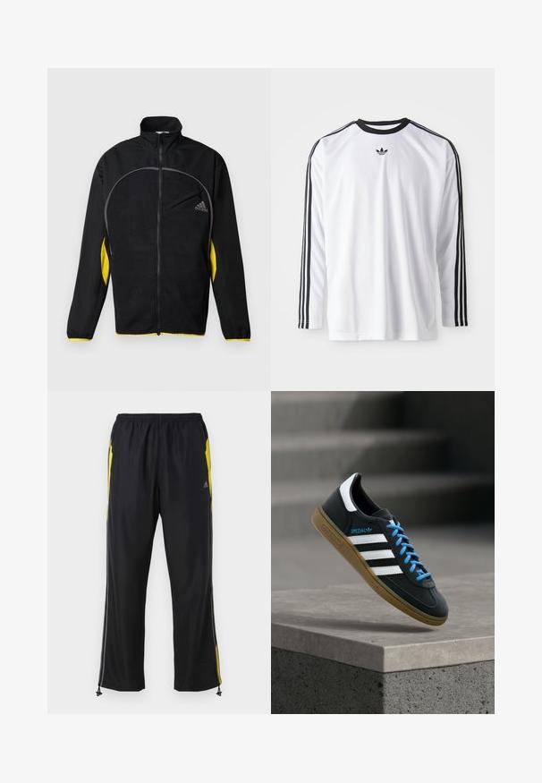 Sort atletisk jakke med gule sidelogoer. Har høj krave, fuld lynlås og en frontlomme. Lavet af struktureret stof.; Hvid langærmet skjorte lavet af blødt stof med sorte detaljer, prydet med tre sorte striber langs ærmerne og et lille sort logo.; Sorte træningsbukser med gule sideaccenter, elastisk talje og lynlåslommer på siden. Fremstillet af let og glat stof.; Sort Adidas sneaker med hvide striber, blå snørebånd og gummisål, der svæver over gråt betontrin i blødt lys.