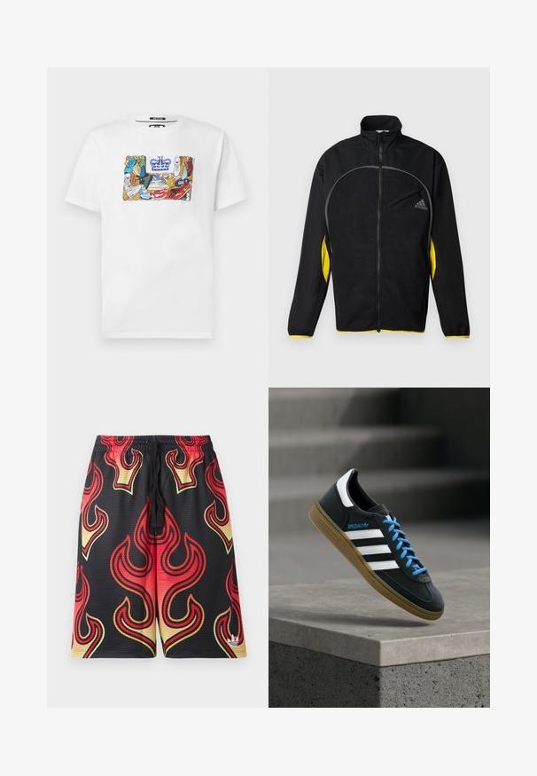 Veste de sport noire avec des accents jaunes sur les côtés. Comprend un col haut, une fermeture éclair intégrale et une poche avant. Fabriquée en tissu texturé.; T-shirt blanc avec un graphique de baskets colorées formant la forme d'un logo rectangulaire surmonté d'une couronne bleue.; Shorts en mesh noir avec des motifs de flammes rouges, orange et jaunes et un petit logo blanc près de l'ourlet inférieur sur la jambe droite.; Baskets Adidas noires avec des rayures blanches, des lacets bleus et une semelle en gomme flottant au-dessus d'une marche en béton grise sous une lumière douce.