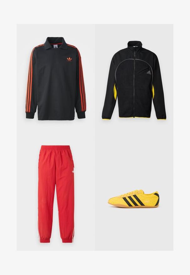 Sort atletisk jakke med gule sidelogoer. Har høj krave, fuld lynlås og en frontlomme. Lavet af struktureret stof.; Sort langærmet polo med krave, prydet med røde striber på ærmerne og et lille rødt logo på brystet. Glat stofstruktur.; Røde atletikbukser af letvægtsmateriale med elastisk taljebånd, hvide sideliver og et lille logo på det øverste ben.; Gul atletiksko med en tekstureret overdel, der har sorte striber og logo. Rundt tå, blød sål og zigzag-mønster på materialet.