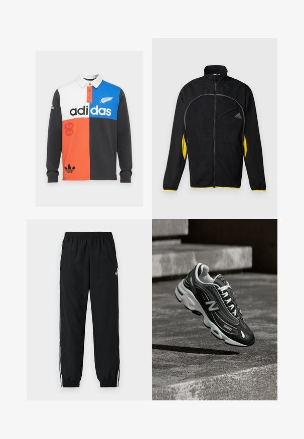 Schwarze Sportjacke mit gelben Seitendetails. Sie verfügt über einen hohen Kragen, einen durchgehenden Reißverschluss und eine Vordertasche. Hergestellt aus strukturiertem Stoff.; Langärmliges Polohemd mit Farbblockierung in Schwarz, Weiß, Orange und Blau, mit Kragen, Knopfleiste und auffälligem Adidas-Logo.; Schwarze Sporthose mit elastischem Bund und gerafften Bündchen. Verfügt über weiße Seitenstreifen und ein kleines Logo vorne links.; Schwarz-weißer New Balance 1000 Sneaker mit weißen Schnürsenkeln, schwebend über einer rauen Betonfläche mit steinernen Stufen im Hintergrund.
