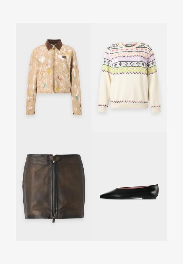 Beige lynlåsjakke med brun ribfløjlskrave og flerfarvede malingssprøjt, frontlommer og et lille lædermærke på brystet.; Kremfarvet strikket sweater med striber i pink, grøn og lilla, dekoreret med hjerter, fredssymboler og teksten "Moschino" på brystet og ærmerne.; Sort læder mini-skjørt med lukning foran med lynlås, glat overflade og en smal talje. Har et lille metalaccent på taljen.; Sort damesko i læder med flad hæl og spids tå, vist fra siden på en ensfarvet lys grå baggrund.