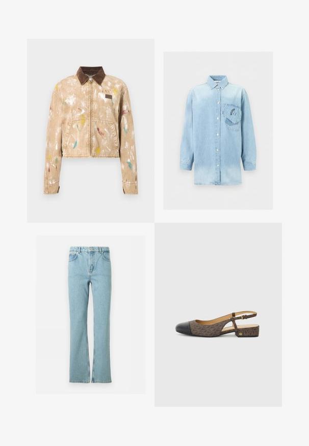 Beige jack met rits, bruine ribfluwelen kraag en meerkleurige verfspatten, voorzakken en een klein leren plaatje op de borst.; Lichtblauw denim overhemd met lange mouwen, knoopsluiting en twee overlappende borstzakken, waarvan één schuin met zwarte logotekst.; Lichtblauwe denim jeans met rechte pijpen, voorste knoopsluiting, rits, riemlussen en vijf zakken, afgebeeld tegen een witte achtergrond.; Slingback schoen met een bruine gestreepte stoffen bovenkant en een zwarte leren neus. Heeft een kleine blokhak en een gespstrap.
