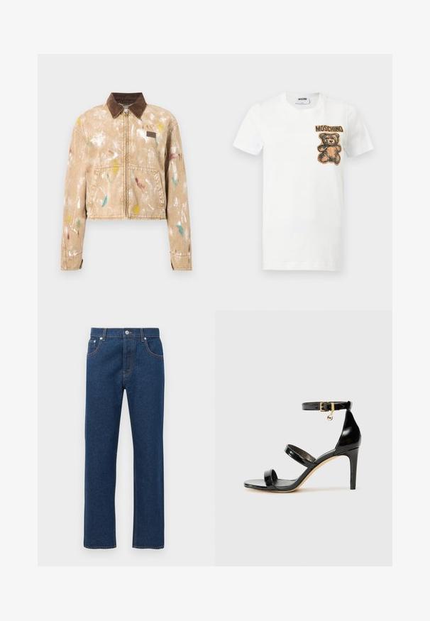Beige lynlåsjakke med brun ribfløjlskrave og flerfarvede malingssprøjt, frontlommer og et lille lædermærke på brystet.; Hvid t-shirt med korte ærmer med en bamse-grafik og teksten "MOSCHINO" i brun på øverste venstre brystside.; Mørkeblå denim jeans med lige ben, for- og baglommer, bæltestropper, knaplukning og synlig orange sytråd.; Sorte patenterede lædersandaler med tre stropper, ankelspænde og 10 cm stiletthæl. Har detaljer i guld og et logo charms.