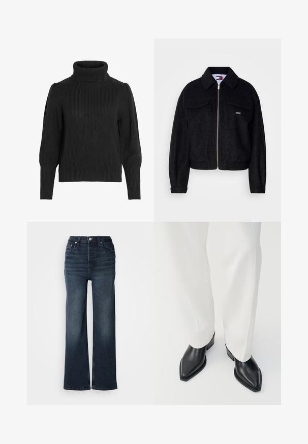 Sort fleecejakke med lynlås, spidse krave, to brystlommer og elastiske manchetter. Har diskrete guldfarvede detaljer som branding.; Sort strikket sweater med en høj, ribbet halsudskæring. Har dropped shoulders og ribbede manchetter ved de lange ærmer, tekstureret stof.; Mørkeblå brede jeans lavet af denim. Høj talje med knaplukning foran og sidelommer. Glat tekstur og klassisk snit.; Sorte spidse ankelstøvler med en glat læderoverflade, lave blokhæle, og parret med hvide brede bukser. Enkel og moderne design.