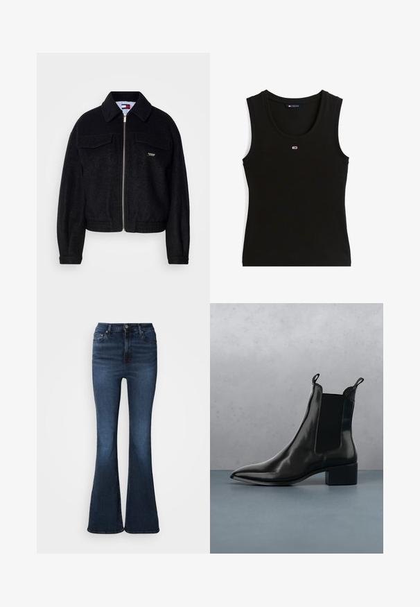 Sort fleecejakke med lynlås, spidse krave, to brystlommer og elastiske manchetter. Har diskrete guldfarvede detaljer som branding.; Sort ribbet ærmeløs tanktop med lille rød, hvid og blå rektangulært logo midt på brystet og mærkat i kraven med teksten Tommy Jeans.; Mørkeblå denim flare jeans med høj talje, frontknap og lynlås og klassisk design med fem lommer.; Sort læder Chelsea boot med spids tå, elastiske sidepaneler og en kraftig hæl, hvilende over en overflade med sten- og trædesign.