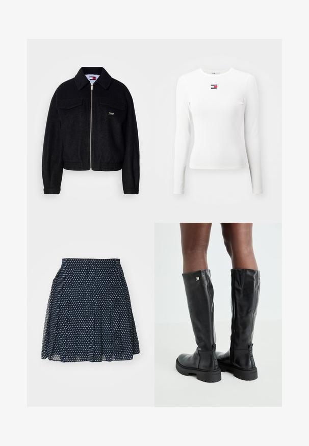 Veste en polaire noire avec fermeture éclair à l'avant, col pointu, deux poches poitrine et poignets élastiques. Présente un logo discret en accent doré.; Chandail blanc à manches longues en côte, doté d'un petit logo "Tommy Jeans" rouge, blanc et bleu sur la poitrine. Tissu doux avec une coupe ajustée.; Jupe marine avec un motif de petites étoiles blanches, design plissé, taille haute et tissu léger pour faciliter les mouvements.; Bottes noires en cuir montantes jusqu'aux genoux, avec une texture lisse, un bout arrondi, une semelle épaisse et une fermeture éclair. Présente un logo argent sur le côté.