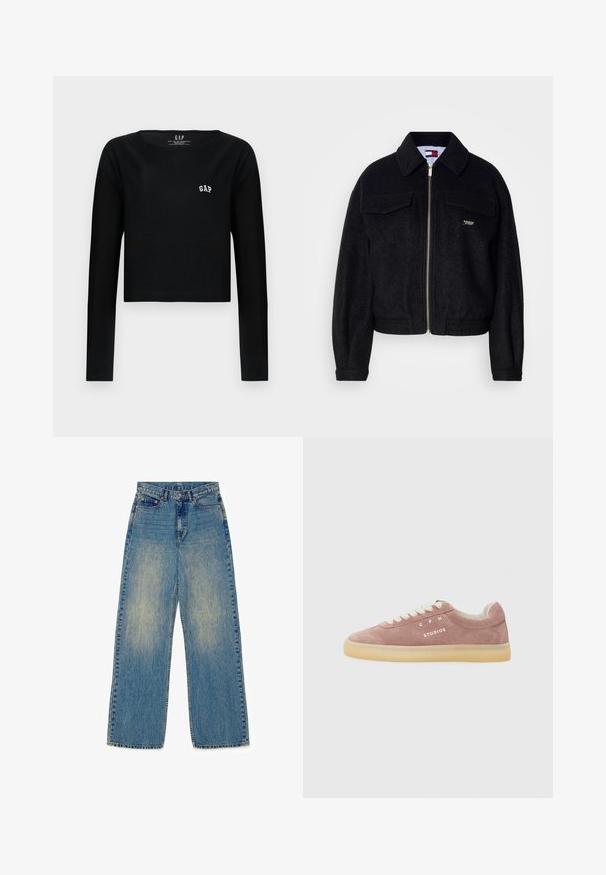 Sort fleecejakke med lynlås, spidse krave, to brystlommer og elastiske manchetter. Har diskrete guldfarvede detaljer som branding.; Sort langærmet crop top i bomuld med rund halsudskæring og hvid broderet "GAP" logo på brystet. Glat tekstur.; Dr.Denim ECHO HIGH STRAIGHT - Jeans Straight Leg - stray sky peach; Lyserøde ruskinds sneakers med cremefarvede snørebånd, hvid tekst "C P H STUDIOS" på siden, og en gennemsigtig gummisål. Lave og rundede i designet.