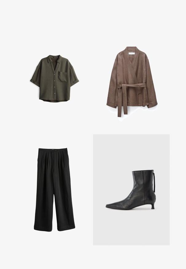Bruine wikkeljas met lange mouwen, een stoffen ceintuur knoopsluiting ter hoogte van de taille, brede revers en een losse, casual pasvorm.; Donkergroene short-sleeve shirt met ribbeltextuur, knoopsluiting aan de voorkant en één borstzak. Ontspannen pasvorm met een omgeslagen kraag.; Zwarte broek met wijde pijpen van lichtgewicht stof, voorzien van een geplooide voorkant, een knoopsluiting en een gladde textuur.; Zwarte leren enkellaars met een puntige neus, gestructureerde vorm en een lage hak. Voorzien van een zijrits en een minimalistisch ontwerp.