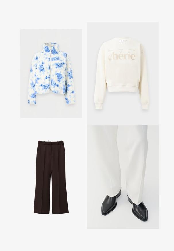 Hvid fleecejakke med blå tie-dye mønstre, fuld lynlås foran og en opretstående krave, vist på en ensfarvet baggrund.; Kremfarvet langærmet cropped sweatshirt med ribbede manchetter og kant, der har stor beige "chérie" tekst og mindre tekst ovenfor foran.; Viddebukser i mørkebrun stof, med høj talje, dobbelte læg og sidelommer. Glat tekstur med bæltestropper.; Sorte spidse ankelstøvler med en glat læderoverflade, lave blokhæle, og parret med hvide brede bukser. Enkel og moderne design.