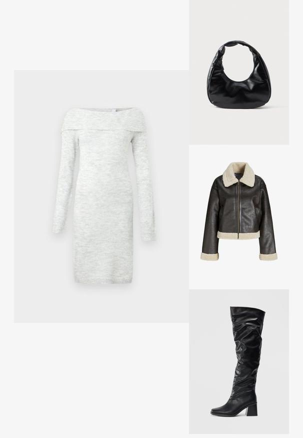 Veste en cuir synthétique marron avec un col en shearling crème, fermeture éclair et poignets assortis. Présente un design court et une surface texturée.; Robe tricotée légère gris clair, décolletée sur les épaules, avec des manches longues, un col côtelé et des poignets. Texture lisse avec des variations de couleur subtiles.; Bottes noires montantes en cuir brillant avec un design froncé, bout pointu et talon block chunky. Texture lisse avec un léger éclat.; Sac à main en simili cuir noir avec une forme de croissant unique, une large poignée rembourrée et une fermeture éclair. Texture lisse et brillante, design minimaliste.