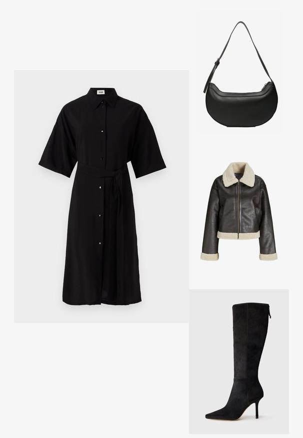 Brun kunstlæderjakke med en cremet shearlingkrave, lynlåslukning og matchende manchetter. Har et cropped design og tekstureret overflade.; Sort skjortekjole lavet af letvægtsstof, med krave, korte ærmer, knapper foran og et matchende bælte af samme stof.; Sort højhælet støvle lavet af tekstureret materiale, med spids tå og et tætsiddende design, der strækker sig til midt på læggen med lynlås.; Sort læder skuldertaske i halvmåneform med en lang justerbar rem og lynlås i toppen.
