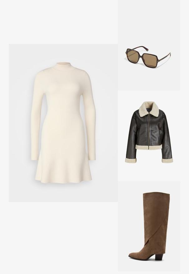 Braune Kunstlederjacke mit einem cremefarbenen Schafslederkragen, Reißverschluss und passenden Manschetten. Hat ein kurzes Design und eine strukturierte Oberfläche.; Strickkleid mit langen Ärmeln in Off-White, hohem Ausschnitt und ausgestelltem Saum, das eine glatte Textur und einen taillierten Oberkörper aufweist.; Brauner kniehoher Veloursleder-Stiefel mit gefaltetem Detail und mittelhohem Blockabsatz, seitlich auf weißem Hintergrund gezeigt.; Braun getönte Sonnenbrillen mit quadratischer Form und Schildpatt-Muster. Verfügen über robuste Scharniere und dezente Markenkennzeichnung an den Bügeln.