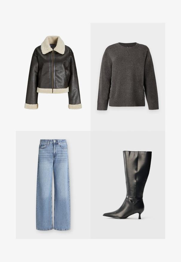 Brun kunstlæderjakke med en cremet shearlingkrave, lynlåslukning og matchende manchetter. Har et cropped design og tekstureret overflade.; Grå strikket sweater med rund hals, ribbet kant og knapdetaljer i siden for et unikt design. Blød tekstur med en klassisk silhuet.; Lyseblå vidde jeans med forlommer, bæltestropper, knaplukning og falmede detaljer på lårene.; Sort knæhøj læderstøvle med spids tå og lav kittenhæl, vist på en enkel lys baggrund.