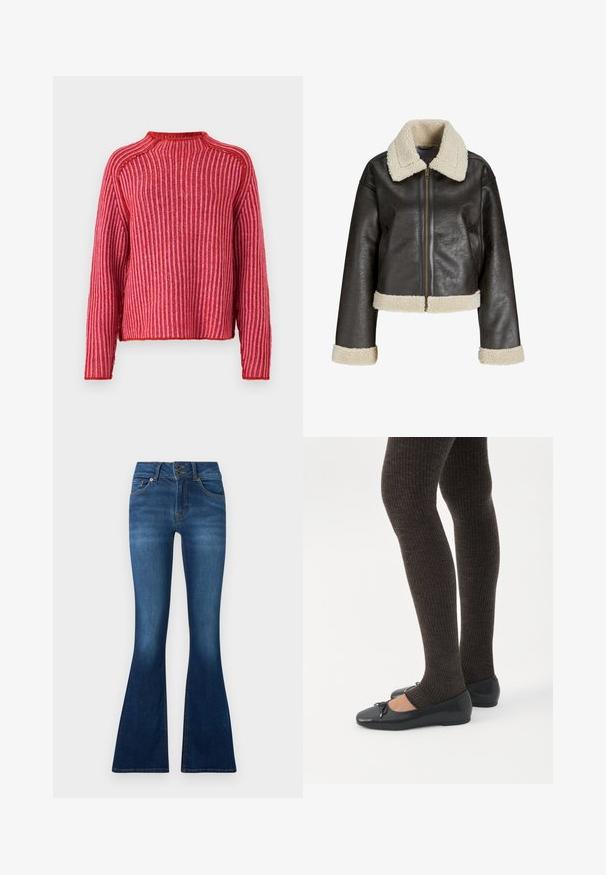 Veste en cuir synthétique marron avec un col en shearling crème, fermeture éclair et poignets assortis. Présente un design court et une surface texturée.; Pull rouge avec des rayures verticales, texture côtelée, col rond et manches longues. L'ourlet est légèrement court avec des bords ton sur ton.; Jean évasés en denim bleu foncé. Présente une fermeture à deux boutons, cinq poches et des détails délavés sur les jambes. Design de taille standard.; Jambes portant des leggings côtelés foncés associés à des ballerines noires avec de petits détails en nœud sur fond blanc.