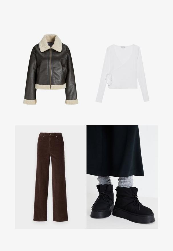 Veste en cuir synthétique marron avec un col en shearling crème, fermeture éclair et poignets assortis. Présente un design court et une surface texturée.; Haut blanc à manches longues en tissu côtelé, avec un décolleté en V profond et un détail de lien sur le côté, présentant une silhouette ajustée.; Vero Moda VMTESSA WIDE PANTS - Pantalon classique - chocolate torte; Bottines noires rembourrées avec semelles plates, lacets et coutures proéminentes. Associées à des chaussettes à côtes grises qui dépassent, portées avec une jupe sombre.