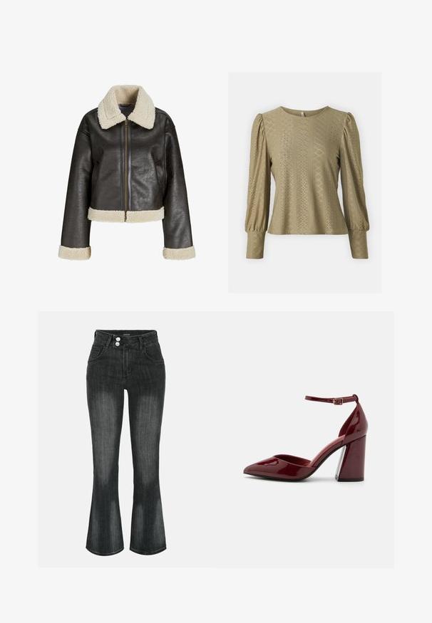 Veste en cuir synthétique marron avec un col en shearling crème, fermeture éclair et poignets assortis. Présente un design court et une surface texturée.; Top beige à manches longues avec un col rond, tissu texturé avec des découpes géométriques et des manches bouffantes volumineuses. Texture lisse et douce.; Jean en denim noir délavé à taille haute, fermeture double bouton, poches avant et jambes légèrement évasées.; Escarpin en cuir verni bordeaux à talon haut, avec un bout pointu, une bride de cheville et un talon épais. Texture lisse et design élégant.