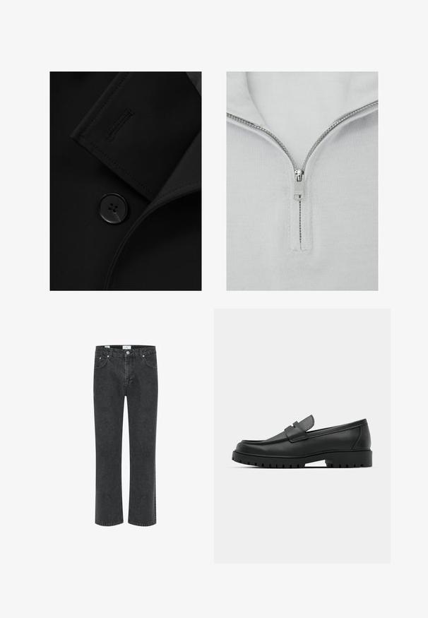 Sort blazer med et notch-krave, fremtrædende knaplukning og subtile syninger på kraveflappen. Glat stoftekstur.; Lysegrå strikket pullover med en kvartlang lynlås, der har en glat tekstur og metal lynlåshardware.; Sorte denim jeans med lige ben, fem lommer og kontrastsyninger. Tippet har en let falmet struktur.; Sorte læder loafers med rund tå, der har et syet design, lav platformssål og en struktureret, skridsikker gummisål.