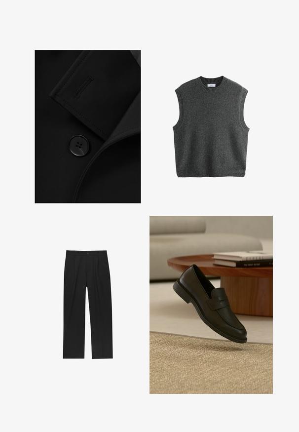 Zwarte blazer met een notch-kraag, opvallende knoopsluiting en subtiele stiksels op de kraagflap. Zachte stoftextuur.; Grijze, mouwloze trui van zachte wol. Heeft een ronde hals en een geribde zoom voor een gestructureerde afwerking. Eenvoudig, minimalistisch ontwerp.; Zwarte broeken met een recht model, gemaakt van een gladde stof. Voorzien van een voorplooien en een enkele knoopsluiting bij de taille.; Zwarte leren loafer schoen getoond in de lucht boven een beige geweven tapijt, met een houten tafel en gestapelde boeken in een zacht verlichte woonkamer.