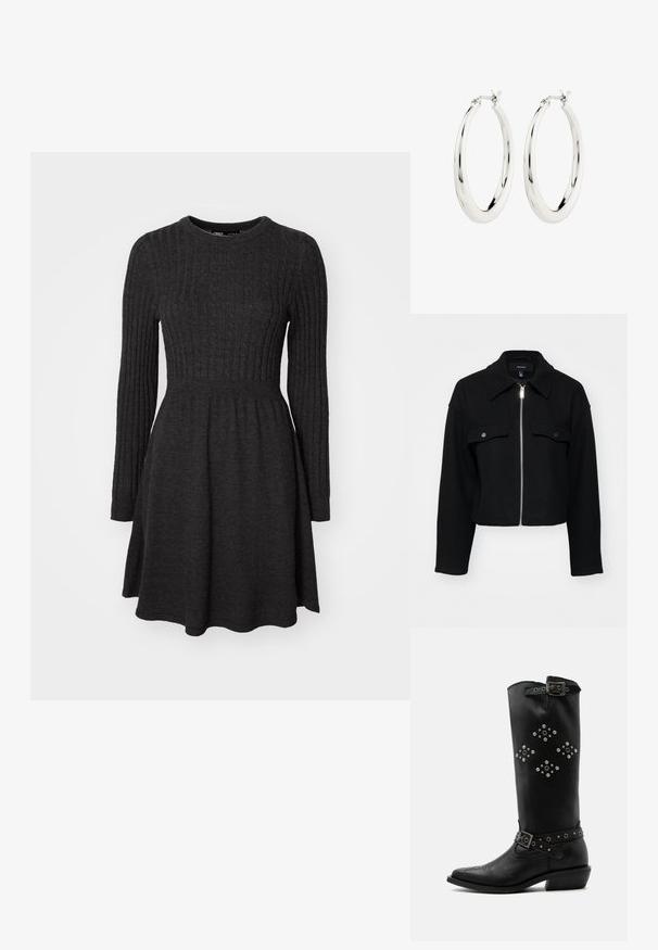 Kurze schwarze Jacke aus weichem Stoff mit einem Reißverschluss vorne, spitzem Kragen und zwei Brusttaschen mit silbernen Druckknöpfen.; Dunkelgraues geripptes Strickkleid mit langen Ärmeln, rundem Ausschnitt, figurbetontem Oberteil und ausgestelltem Rock. Weicher Stoff, vielseitiges Design.; Schwarzer Leder-Mid-Calf-Stiefel mit silbernen Nieten in Diamantmustern, Schnallenriemen nahe oben und am Knöchel und einem niedrigen, schrägen Absatz.; Silberne Creolen mit einer glatten, glänzenden Oberfläche. Kreisform, ausgestattet mit einem sicheren Verschluss. Einfaches und elegantes Design.